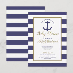 Invitación Nautical Anchor Navy Blue Stripes Boy Baby Shower