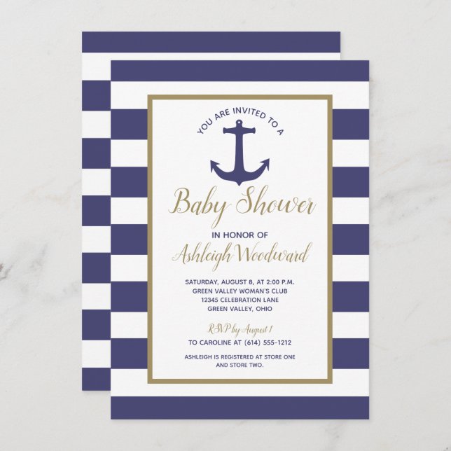 Invitación Nautical Anchor Navy Blue Stripes Boy Baby Shower (Anverso / Reverso)
