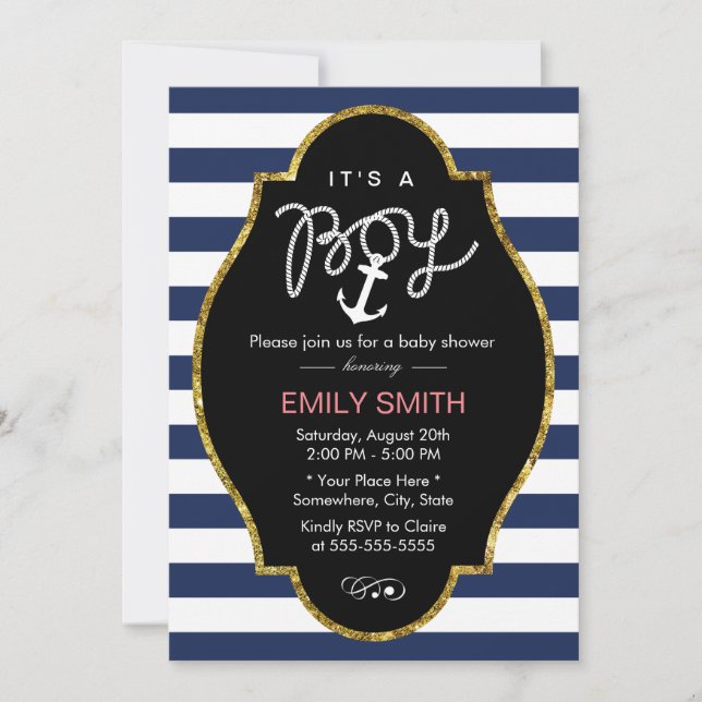 Invitación Nautical Anchor Navy Blue Stripes Boy Baby Shower (Anverso)