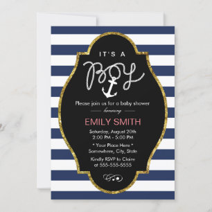 Invitación Nautical Anchor Navy Blue Stripes Boy Baby Shower