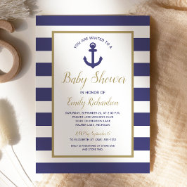 Invitación Nautical Anchor Navy Blue Stripes Boy Baby Shower