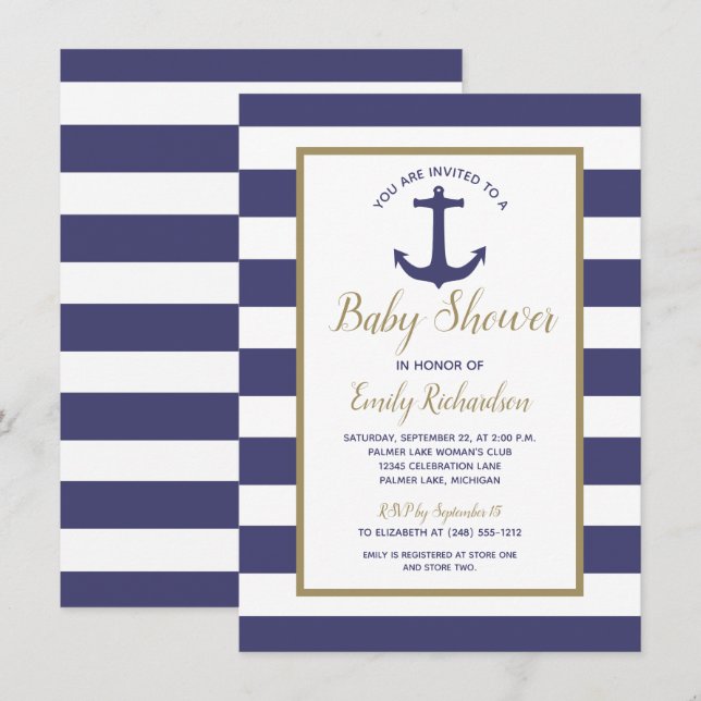 Invitación Nautical Anchor Navy Blue Stripes Boy Baby Shower (Anverso / Reverso)