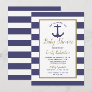 Invitación Nautical Anchor Navy Blue Stripes Boy Baby Shower