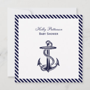 Invitación Nautical Anchor Navy Diag Stripe 2SQ Baby Shower