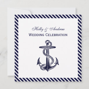 Invitación Nautical Anchor Navy Diag Stripe 2SQ Boda