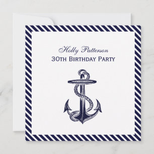 Invitación Nautical Anchor Navy Diag Stripe 2SQ Cumpleaños Pt