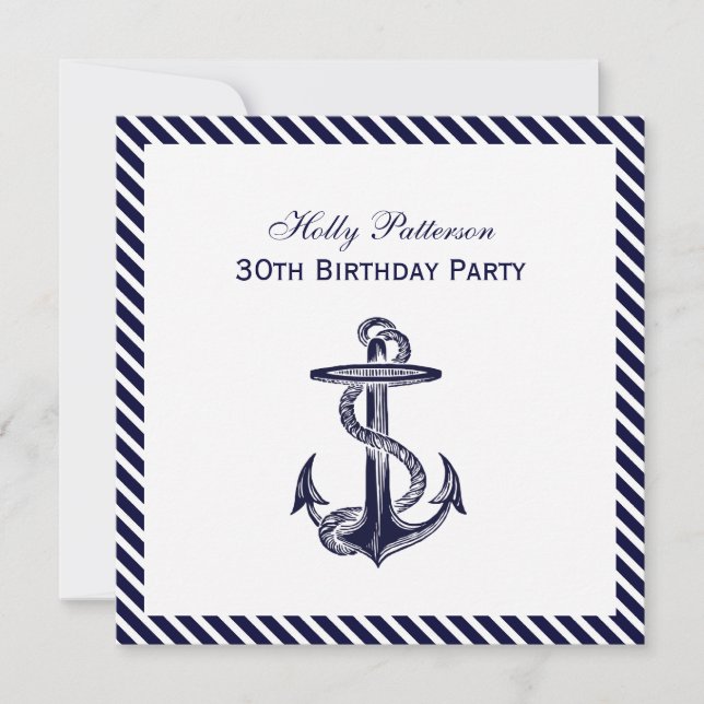 Invitación Nautical Anchor Navy Diag Stripe 2SQ Cumpleaños Pt (Anverso)