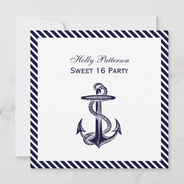 Invitación Nautical Anchor Navy Diag Stripe 2SQ Sweet 16 (Anverso)