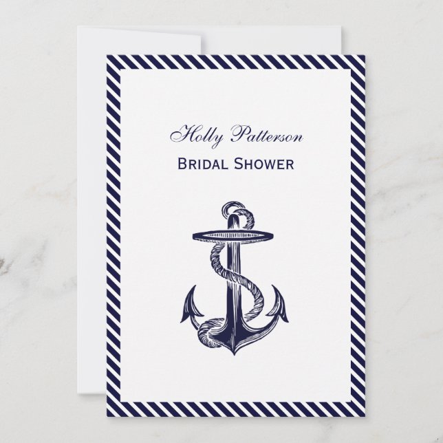 Invitación Nautical Anchor Navy Diag Stripe 2V Ducha de novia (Anverso)