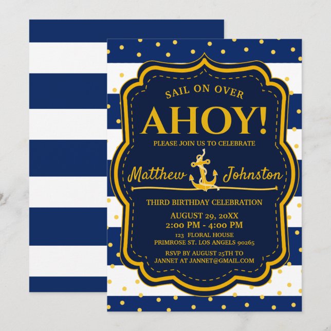 Invitación Nautical Anchor Navy&Gold Stripe Baby Cumpleaños (Anverso / Reverso)