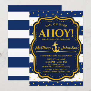 Invitación Nautical Anchor Navy&Gold Stripe Baby Cumpleaños