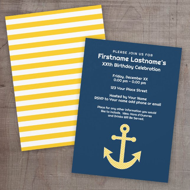 Invitación Nautical Anchor Navy Partido del Cumpleaños Amaril (Custom Nautical Party Invitation)