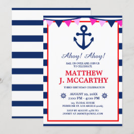 Invitación Nautical Anchor Navy Stripe Baby Ship Cumpleaños