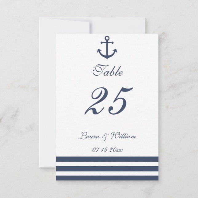 Invitación Nautical Anchor & Stried Boda Número de tabla (Anverso)