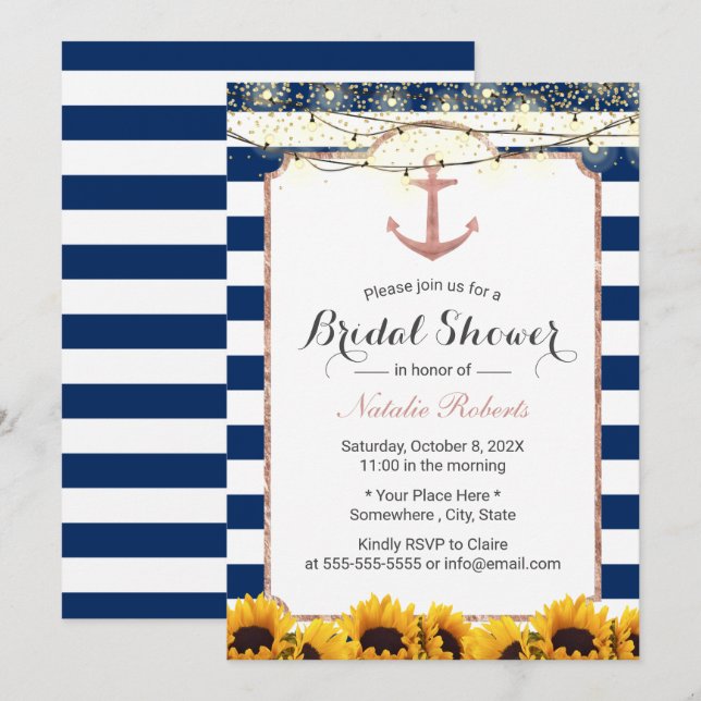 Invitación Nautical Anchor Sunflower Navy Blue Bridal Shower (Anverso / Reverso)