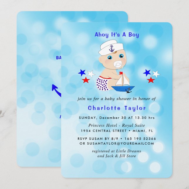 Invitación Nautical Baby Shower Boy Sailor Cute Azul (Anverso / Reverso)