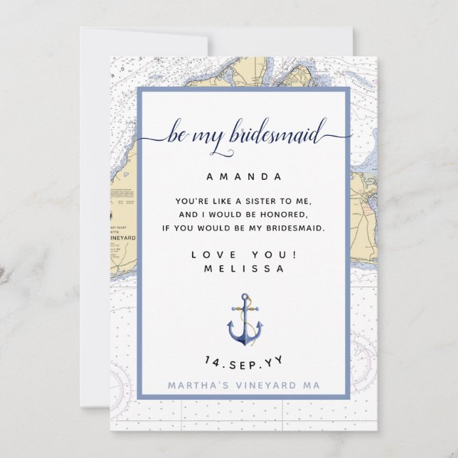 Invitación Nautical Be My Bridesmaid | Viñedo de Martha (Anverso)