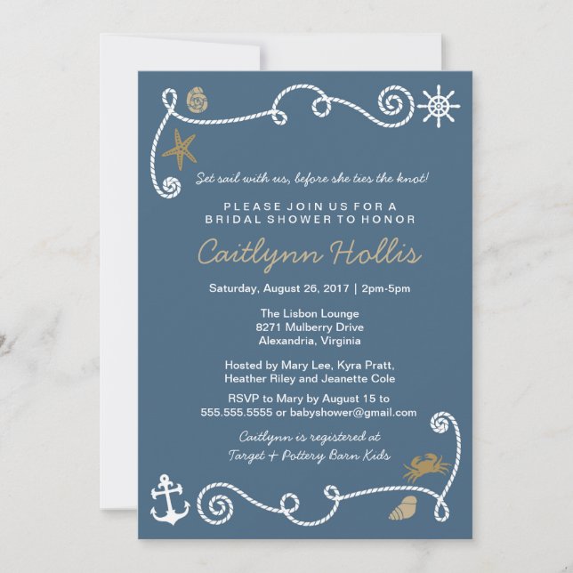Invitación Nautical Beach Blue and Gold Bridal o Baby Shower (Anverso)
