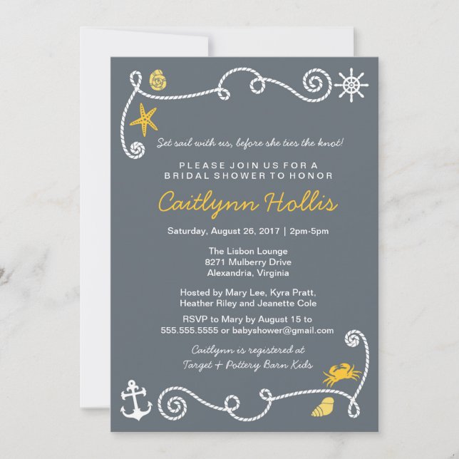 Invitación Nautical Beach Grey & Yellow Bridal o Baby Shower (Anverso)