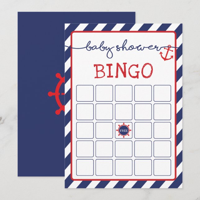Invitación Nautical Bingo Baby Shower Game Navy Red (Anverso / Reverso)