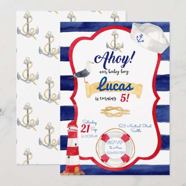 Invitación Nautical Birthday Invitation (Anverso / Reverso)