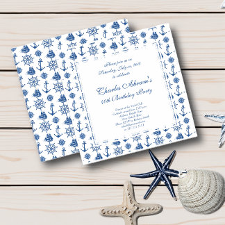 Invitación Nautical Birthday Party Anchor azul y blanco