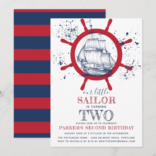 Invitación Nautical Birthday Sailor (Anverso / Reverso)