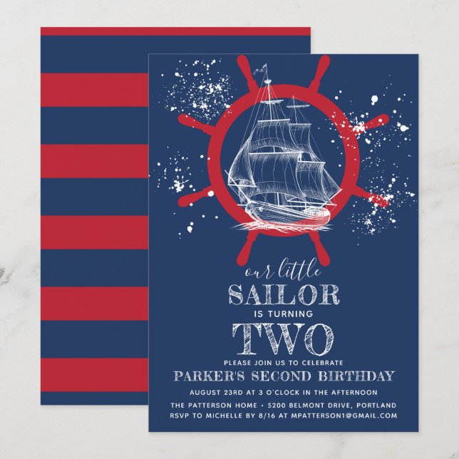 Invitación Nautical Birthday Sailor Blue (Anverso / Reverso)