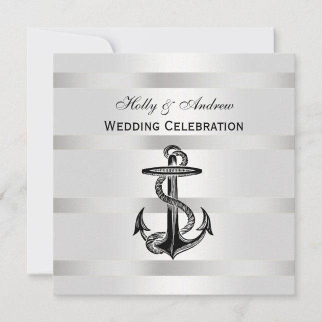 Invitación Nautical Black Anchor Silver Wt BG SQ Boda (Anverso)