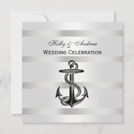 Invitación Nautical Black Anchor Silver Wt BG SQ Boda