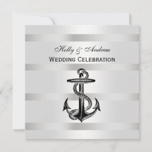 Invitación Nautical Black Anchor Silver Wt BG SQ Boda