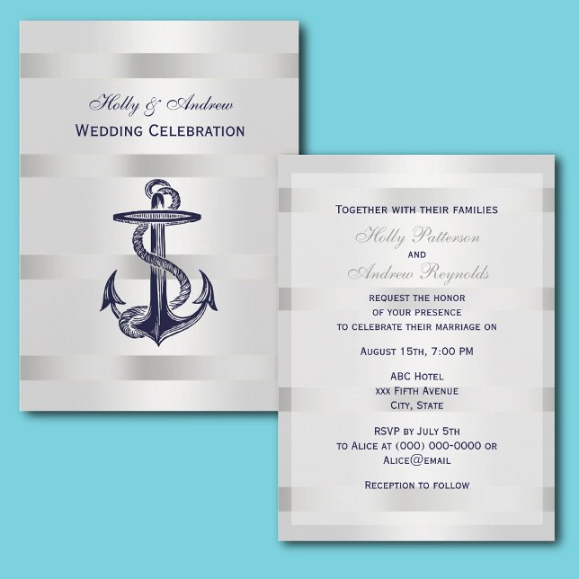 Invitación Nautical Blue Anchor Silver Wt BG V Wedding (Subido por el creador)
