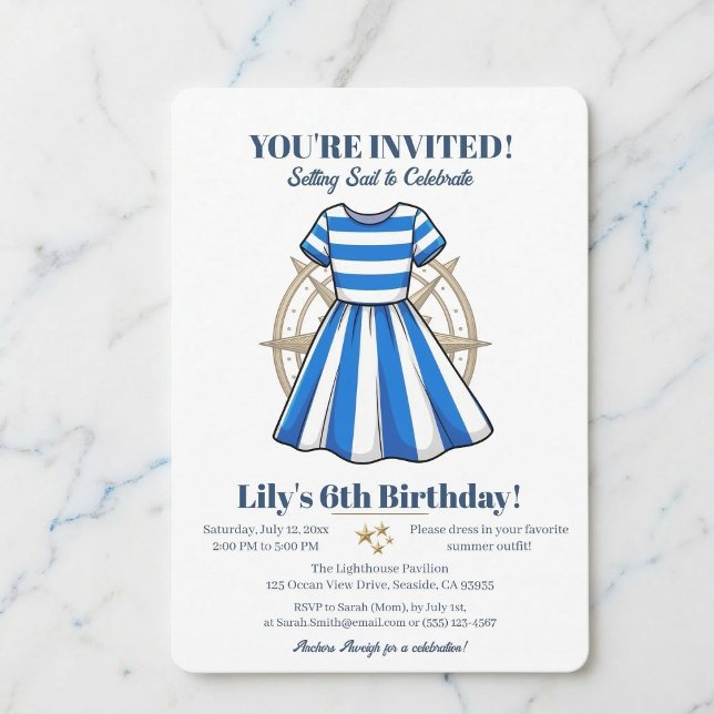 Invitación Nautical Blue And White Sailor Dress Party Invite (Gather your crew for a special birthday.)