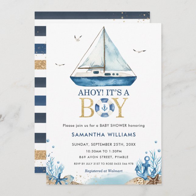 Invitación Nautical Blue Boat Ahoy es un niño Baby Shower (Anverso / Reverso)