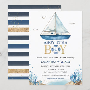 Invitación Nautical Blue Boat Ahoy es un niño Baby Shower