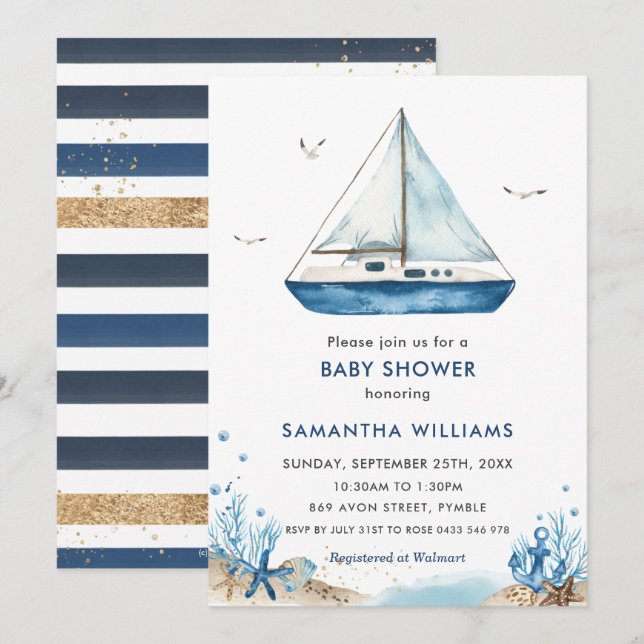 Invitación Nautical Blue Boat Baby Shower (Anverso / Reverso)
