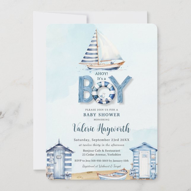 Invitación Nautical Blue Boat Beach Huts Boy Baby Shower (Anverso)