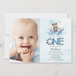 Invitación Nautical Blue Boat Teddy Bear 1er cumpleaños foto