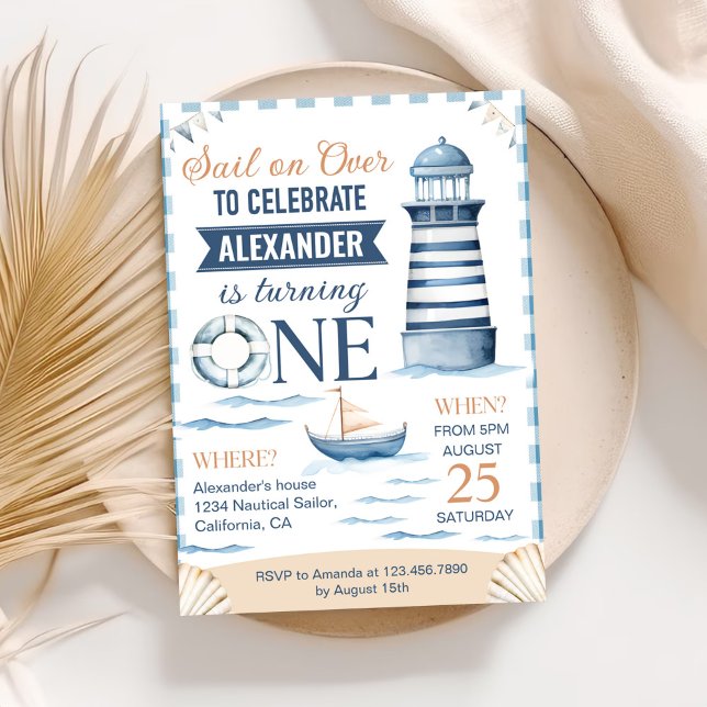 Invitación Nautical Blue Boy moderno cumpleaños 1 (Subido por el creador)