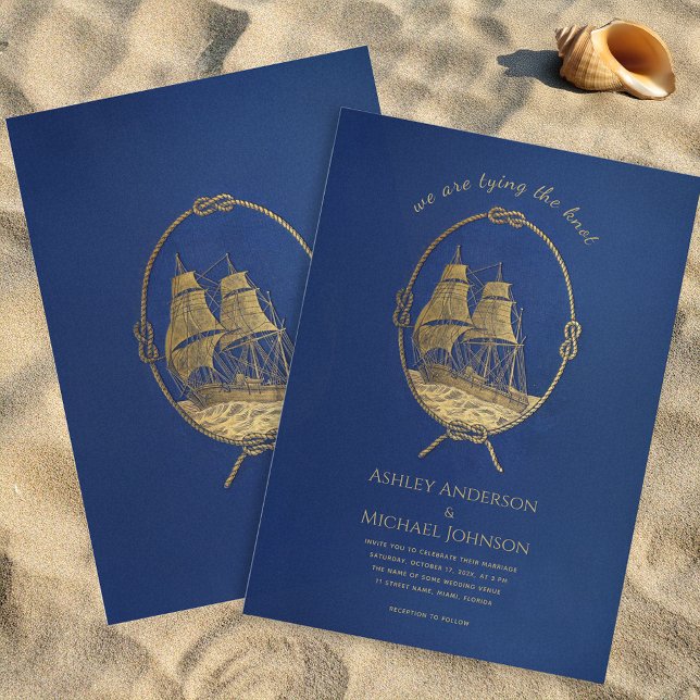 Invitación Nautical Blue Gold Ship Sea Tying the Knot Boda (Subido por el creador)