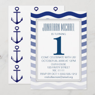 Invitación Nautical Blue Ombre Wave Anchor Primer Cumpleaños