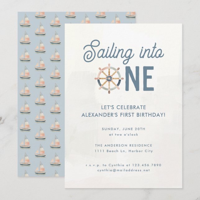 Invitación Nautical Blue Pastel Kids 1er cumpleaños (Anverso / Reverso)