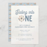 Invitación Nautical Blue Pastel Kids 1er cumpleaños<br><div class="desc">Niños Nautical Blue Pastel Nautical Invitación de primer cumpleaños con un lindo patrón de velero en la parte trasera</div>