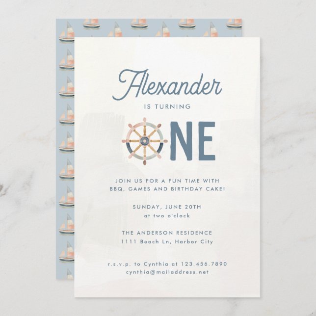 Invitación Nautical Blue Pastel Kids 1er cumpleaños (Anverso / Reverso)