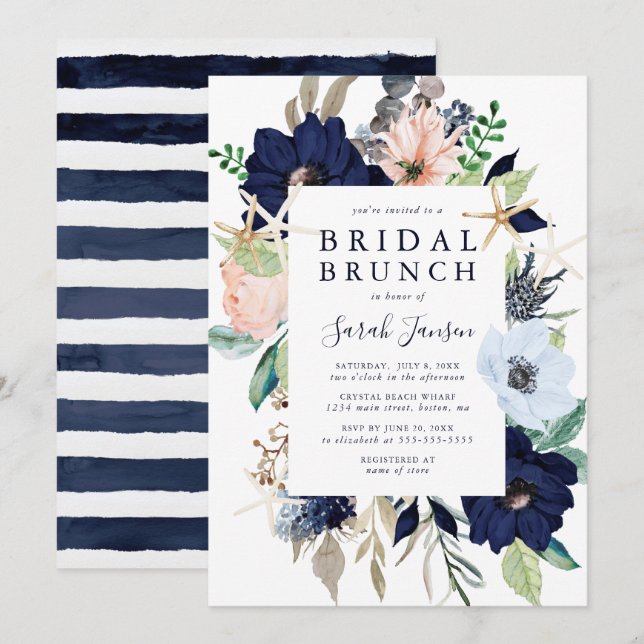 Invitación Nautical Blue Pink Watercolor Floral Bridal Brunch (Anverso / Reverso)