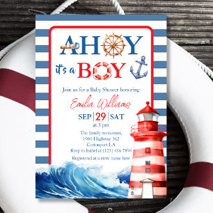 Invitación Nautical Blue Red Whimsical Ahoy Boy Baby Shower