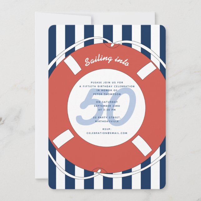 Invitación Nautical Blue Striped 50 años (Anverso)