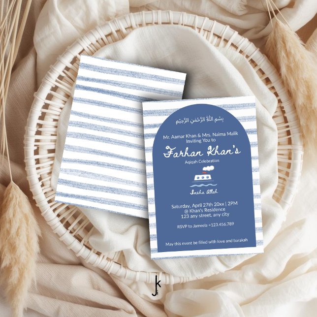 Invitación Nautical Blue White Stripe Baby Boy Aqiqah (Subido por el creador)