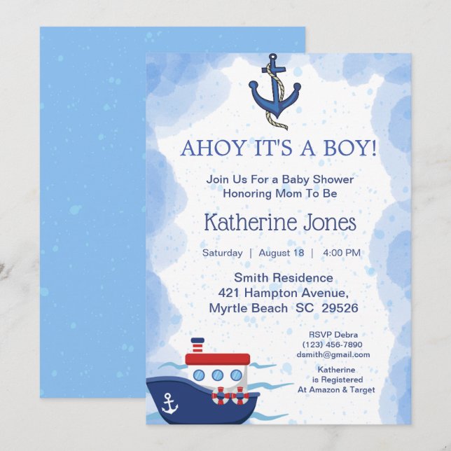 Invitación Nautical Boat Ahoy es un niño Baby Shower (Anverso / Reverso)
