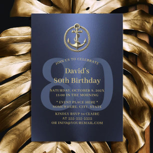Invitación Nautical Boat Anchor Navy Oro 80 cumpleaños